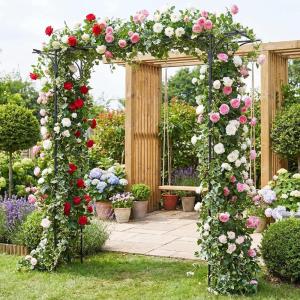 Giantex Garden Arbor with Gate and Planter, 79″ W x 81″ H Metal Arch Trellis with Double Doors, Outdoor Archway for Climbing Plants, Weddings, Backyard, Patio, Lawn, Ceremony Party Decoration(81″W x 85″H)