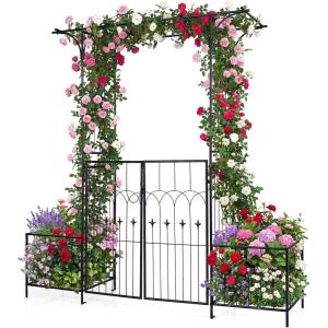 Giantex Garden Arbor with Gate and Planter, 79″ W x 81″ H Metal Arch Trellis with Double Doors, Outdoor Archway for Climbing Plants, Weddings, Backyard, Patio, Lawn, Ceremony Party Decoration(79″W x 81″H)