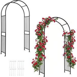Giantex Garden Arch Outdoor Metal Arbor Trellis, 86” Heavy Duty Steel Pergola Arch with Ground Stakes for Climbing Plants, Wedding, Party & Backyard Decoration (1 Pack)(2 Pack)