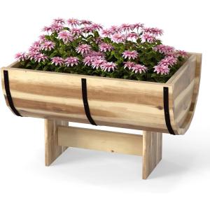 Giantex Half Barrel Raised Garden Bed, Acacia Wood Planter Box for Flower Vegetable Fruit, Outdoor Indoor Plant Pot with Legs for Garden Decoration,18″x12″x11.5″(1)