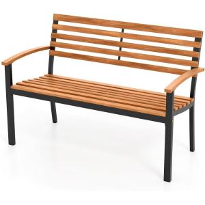 Giantex Outdoor Bench, Acacia Wood Patio Loveseat with Slatted Backrest & Seat, Armrests, Heavy Duty Metal Frame, 800 lbs Capacity, 2-Person Garden Bench for Lawn, Porch, Yard and Park