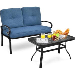 Giantex Patio Loveseat with Coffee Table Outdoor Bench with Cushion and Metal Frame, Loveseat Porch Furniture Set Sofa for Garden, Yard, Patio or Poolside (Light Beige & Black)(Blue & Black)