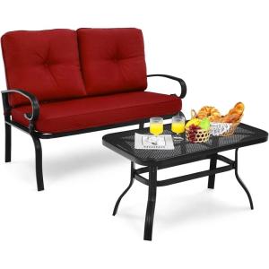 Giantex Patio Loveseat with Coffee Table Outdoor Bench with Cushion and Metal Frame, Loveseat Porch Furniture Set Sofa for Garden, Yard, Patio or Poolside (Light Beige & Black)(Deep Red & Black)