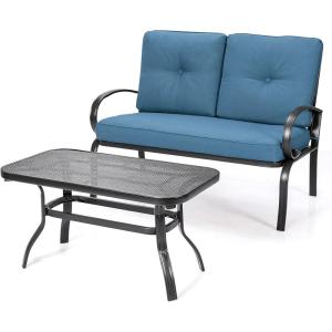 Giantex Patio Loveseat with Coffee Table Outdoor Bench with Cushion and Metal Frame, Loveseat Porch Furniture Set Sofa for Garden, Yard, Patio or Poolside (Light Beige & Black)(Navy & Black)