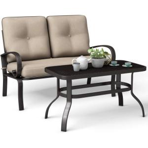 Giantex Patio Loveseat with Coffee Table Outdoor Bench with Cushion and Metal Frame, Loveseat Porch Furniture Set Sofa for Garden, Yard, Patio or Poolside (Light Beige & Black)(Beige & Black)