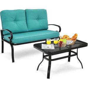 Giantex Patio Loveseat with Coffee Table Outdoor Bench with Cushion and Metal Frame, Loveseat Porch Furniture Set Sofa for Garden, Yard, Patio or Poolside (Light Beige & Black)(Turquoise & Black)