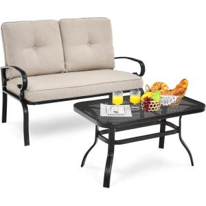 Giantex Patio Loveseat with Coffee Table Outdoor Bench with Cushion and Metal Frame, Loveseat Porch Furniture Set Sofa for Garden, Yard, Patio or Poolside (Light Beige & Black)(Light Beige & Black)