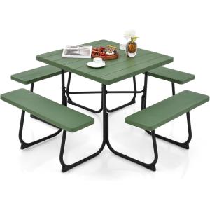 Giantex Picnic Table Set for Up to 8 Persons, Round Outdoor Table and Bench Set with Umbrella Hole, HDPE Top & Metal Frame, 2000LBS Capacity, Patio Table Bench for Deck Backyard Garden (Green)(Green)