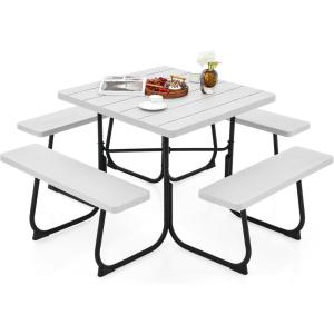 Giantex Picnic Table Set for Up to 8 Persons, Round Outdoor Table and Bench Set with Umbrella Hole, HDPE Top & Metal Frame, 2000LBS Capacity, Patio Table Bench for Deck Backyard Garden (Green)(White)