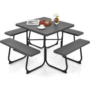 Giantex Picnic Table Set for Up to 8 Persons, Round Outdoor Table and Bench Set with Umbrella Hole, HDPE Top & Metal Frame, 2000LBS Capacity, Patio Table Bench for Deck Backyard Garden (Green)(Black)