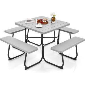 Giantex Picnic Table Set for Up to 8 Persons, Round Outdoor Table and Bench Set with Umbrella Hole, HDPE Top & Metal Frame, 2000LBS Capacity, Patio Table Bench for Deck Backyard Garden (Green)(Grey)