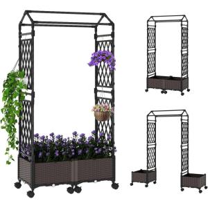 Giantex Planter Boxes with Arch Trellis, 5FT Self-Watering Tall Raised Garden Bed w/Wheels, Hanging Roof & Drainage Holes, Outdoor Indoor Tomato Planter for Climbing Vines Vegetables (60″x16″x58″)(61″x16″x64″)