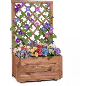 Giantex Raised Garden Bed Set 2 w/Trellis, Drainage Hole, 39”x14”x40” Wood Elevated Planter Box for Climbing Vine Flower Herb Vegetable Fruit, Planting Container for Indoor Outdoor Patio Balcony(Coffee Brown)