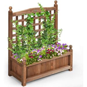 Giantex Raised Garden Bed Set 2 w/Trellis, Drainage Hole, 39”x14”x40” Wood Elevated Planter Box for Climbing Vine Flower Herb Vegetable Fruit, Planting Container for Indoor Outdoor Patio Balcony(Brown)