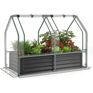 Giantex Raised Garden Bed w/Greenhouse Cover, Outdoor Oval Metal Steel Planter Box w/Roll-up Window, Clear PVC Mini Greenhouse for Vegetables Flowers Herbs Outdoor Patio Gardening, 6x2x1 FT (Black)(Black)