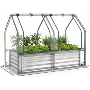 Giantex Raised Garden Bed w/Greenhouse Cover, Outdoor Oval Metal Steel Planter Box w/Roll-up Window, Clear PVC Mini Greenhouse for Vegetables Flowers Herbs Outdoor Patio Gardening, 6x2x1 FT (Black)(Silver)
