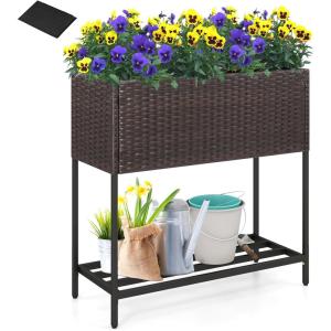 Giantex Raised Garden Bed with Legs, 40″ x 12″ Rattan Elevated Planter Box w/Storage Shelf, Removable Liner, Drainage Gaps for Vegetables, Flowers & Herbs, Outdoor Planting Stand for Backyard Patio(Brown)