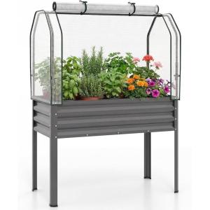 Giantex Raised Garden Bed with Legs & Greenhouse Cover, 44x22x60 Elevated Metal Planter Box with Roll-up Door, Outdoor Mini Greenhouse for Vegetable Flower Herb Patio Balcony (Black,2)(Gray)