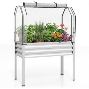 Giantex Raised Garden Bed with Legs & Greenhouse Cover, 44x22x60 Elevated Metal Planter Box with Roll-up Door, Outdoor Mini Greenhouse for Vegetable Flower Herb Patio Balcony (Black,2)(Silver)
