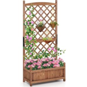 Giantex Raised Garden Bed with Trellis 2 Pack, 72” Wooden Planter Box Outdoor w/Privacy Screen Roof, Large Vertical Garden Planter w/Drainage Holes for Climbing Plants, Patio Balcony Backyard(Brown)