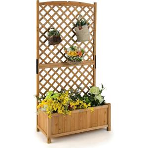 Giantex Raised Garden Bed with Trellis 2 Pack, 72” Wooden Planter Box Outdoor w/Privacy Screen Roof, Large Vertical Garden Planter w/Drainage Holes for Climbing Plants, Patio Balcony Backyard(Natural)