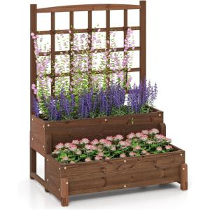 Giantex Raised Garden Bed with Trellis, 2-Tier Standing Planter Box with Legs and Drain Holes, Outdoor Elevated Garden Trellis for Vine Climbing, Flower Vegetable Fruit Herb Growing, Coffee Brown(1)
