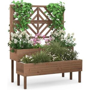 Giantex Raised Garden Bed with Trellis, 2-Tier Wooden Planter Box with Legs and Drain Holes, Garden Trellis for Vine Fruit Vegetable Flower Herb, Outdoor Elevated Garden Bed (Brown)(Brown)