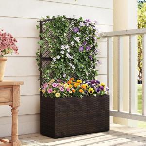 Giantex Raised Garden Bed with Trellis, 58” Tall PE Rattan Planter Box w/Liner & Drainage, Metal Frame Privacy Screen for Vertical Climbing Plants, Vegetables & Flowers, Patio Balcony Gardening(Brown)