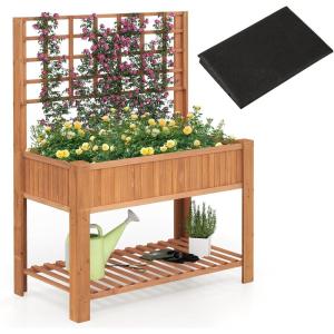 Giantex Raised Garden Bed with Trellis, Wooden Elevated Planter Box with Legs, Drainage Holes for Climbing Plants Vines Vegetables Flowers Herbs, Outdoor Horticulture Planter for Patio Yard (Brown)(Brown、)