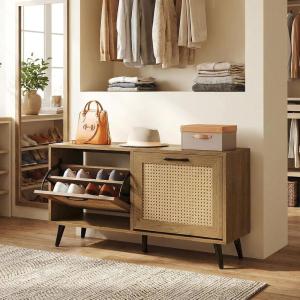 Giantex Rattan Shoe Storage Bench with 2 Flip Drawers, 40″ W Entryway Bench with Storage, Adjustable Shelves, Wooden Shoe Cabinet for Entry Way, Hallway, Foyer, Living Room