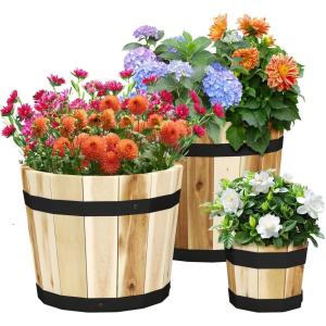 Giantex Set of 3 Barrel Planters, Outdoor Acacia Wood Raised Garden Bed for Flower Vegetable Fruit, Whiskey Bucket Shape Planter Boxes in Different Sizes for Patio Porch Balcony Yard (Natural)(Natural)