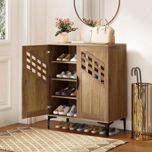 Giantex Shoe Cabinet, 4-Tier Wooden Shoe Rack Cabinet with Marble Pattern Doors & Removable Shelves, Freestanding Shoe Storage Cabinet for Entryway, Hallway, Living Room(Hollow Woven Door)