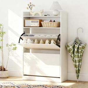 Giantex Shoe Cabinet with 2 Flip Drawers, Freestanding Narrow Shoe Organizer Cabinet with 2 Open Shelves, Slim Shoe Storage Cabinet for Entryway, Hallway, Foyer, White