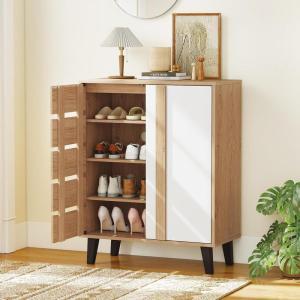 Giantex Shoe Cabinet with Louvered Doors, 4-Tier Farmhouse Shoe Rack Cabinet with Adjustable Shelves & Vent Holes, Wooden Shoe Storage Cabinet for Entryway, Hallway, Closet, Bedroom(29.5″ x 14″ x 37.5″)