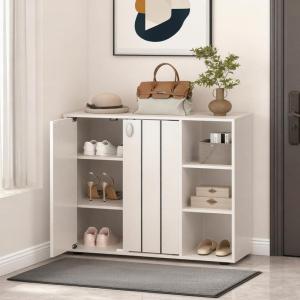 Giantex Wood Shoe Cabinet with Doors, Freestanding Shoe Rack Cabinet with 3-Level Adjustable Open Shelves, Modern Wooden Shoe Storage Cabinet for Entryway, Hallway, Closet, Living Room (Natural)(White)