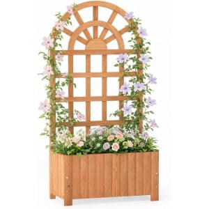 Giantex Wooden Raised Garden Bed with Arched Trellis, 48” Fir Wood Outdoor Elevated Planter Box Privacy Screen with Drainage Holes, Vertical Garden Bed for Climbing Plants, Patio Balcony Backyard(Orange)