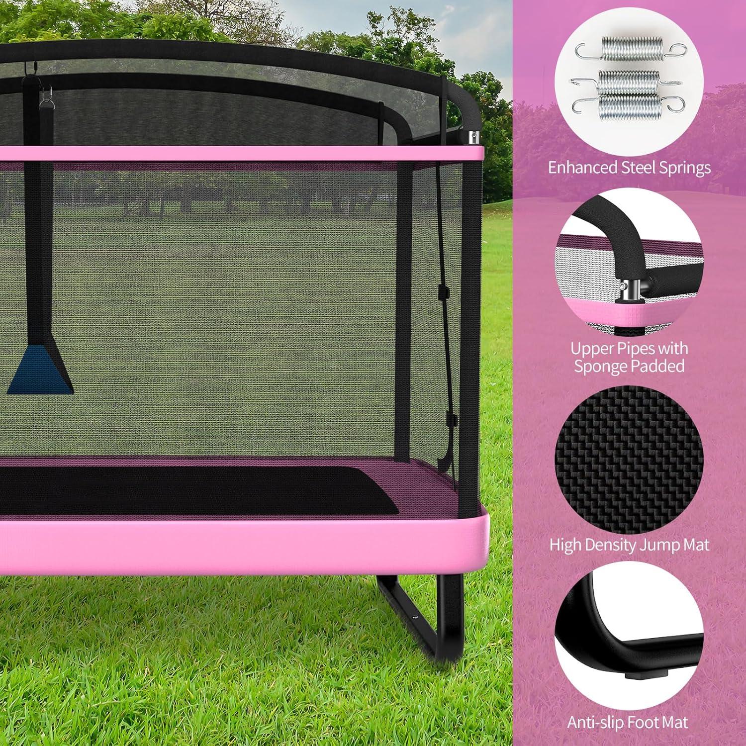 image:imageGiantex 6 FT Trampoline for Kids with Swing Toddler Trampolines with Safety Enclosure Net ASTM Approved Rectangle Indoor amp Outdoor Mini Kids TrampolinePink with Horizontal Bar