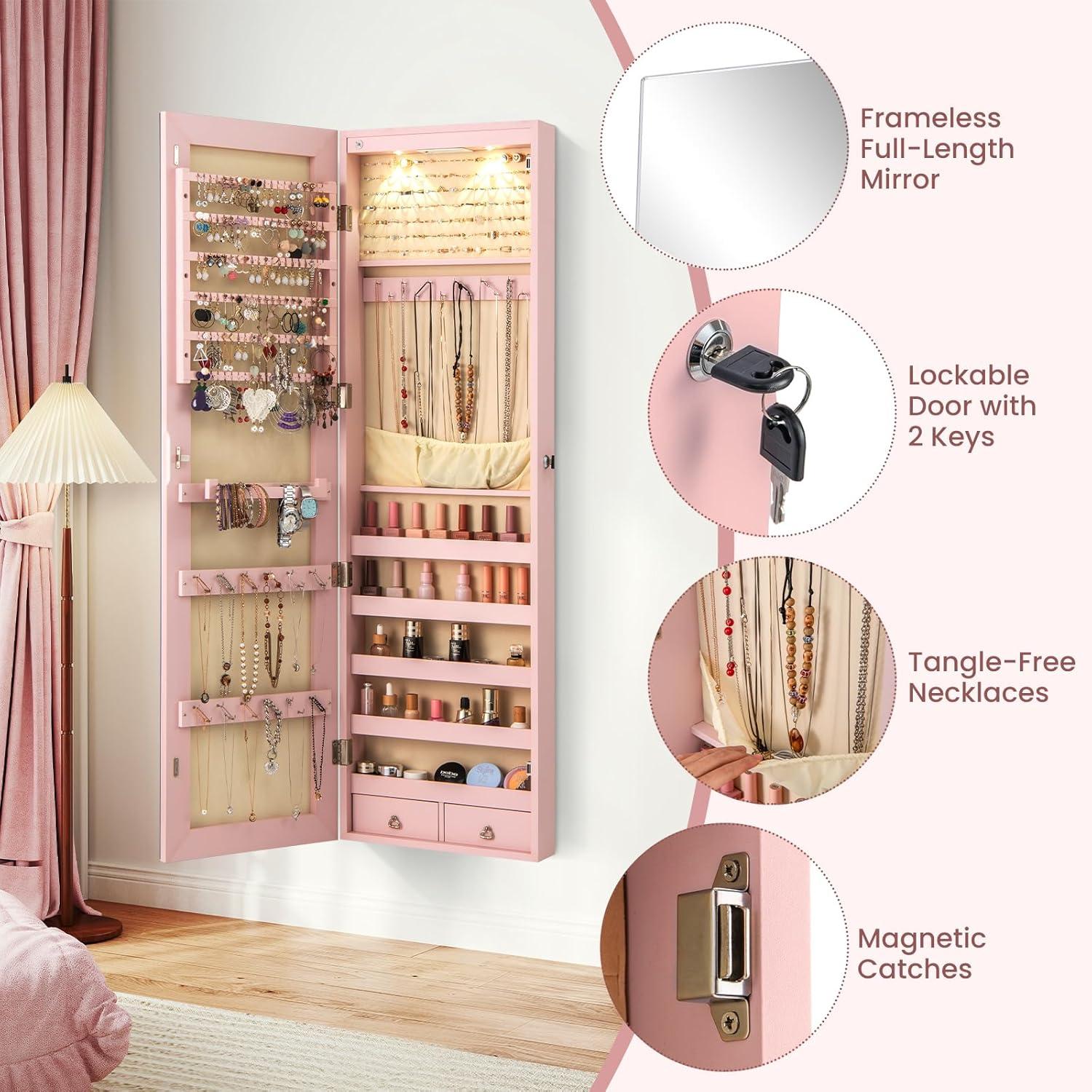 image:imageGiantex Wall or Door Mounted Jewelry Armoire with 475 Full Length Mirror Lockable Cabinet with 2 LED Lights 2 Drawers Over the Door Large Jewelry Storage Organizer Light OakLight Pink