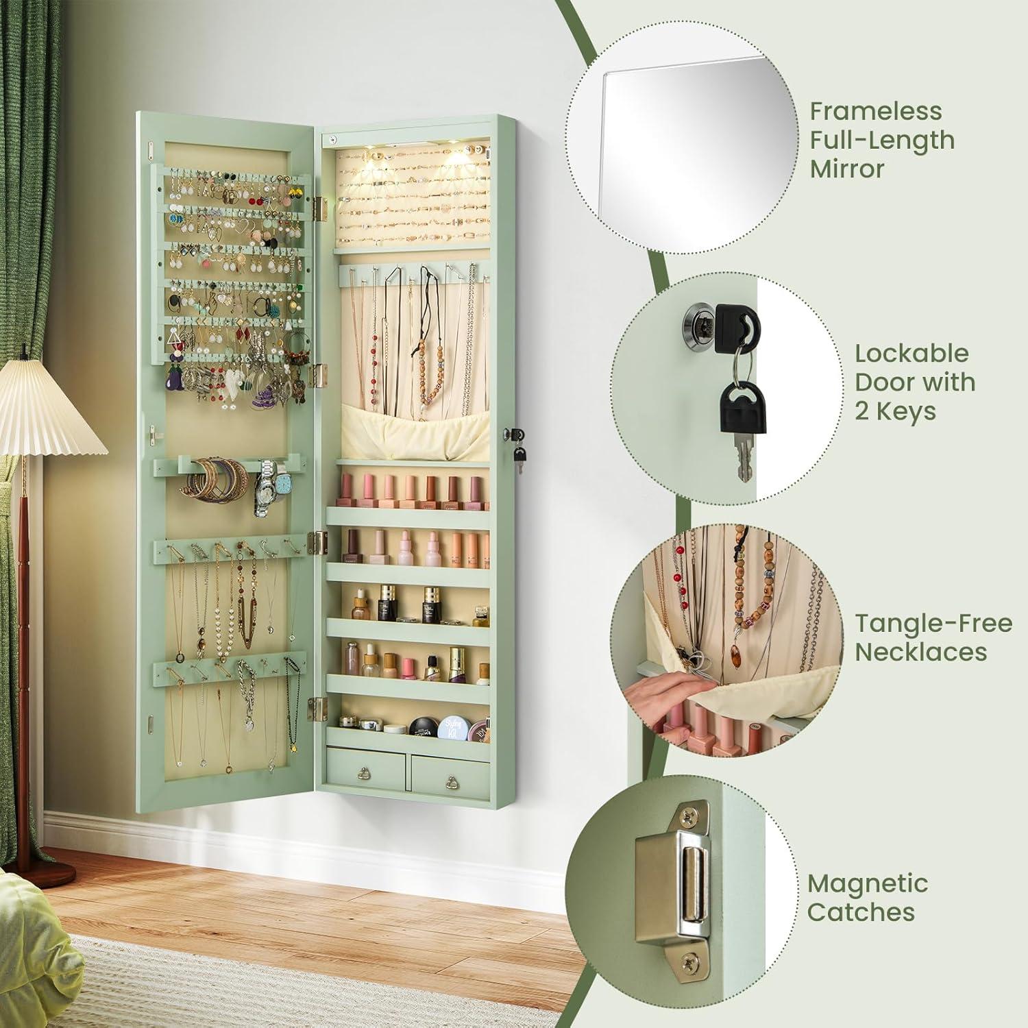 image:imageGiantex Wall or Door Mounted Jewelry Armoire with 475 Full Length Mirror Lockable Cabinet with 2 LED Lights 2 Drawers Over the Door Large Jewelry Storage Organizer Light OakSage