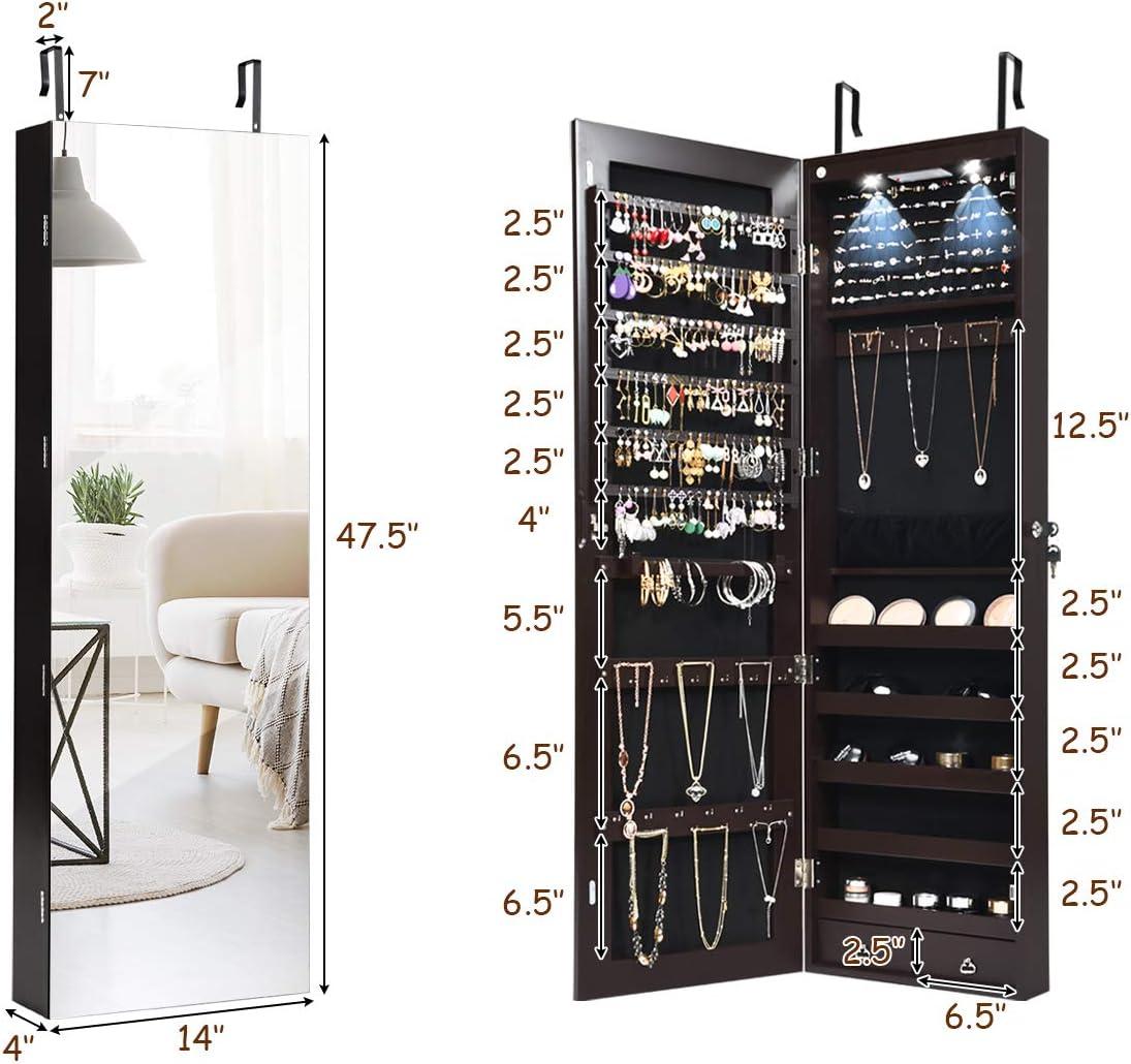 image:imageGiantex Wall or Door Mounted Jewelry Armoire with 475 Full Length Mirror Lockable Cabinet with 2 LED Lights 2 Drawers Over the Door Large Jewelry Storage Organizer Light OakEspresso