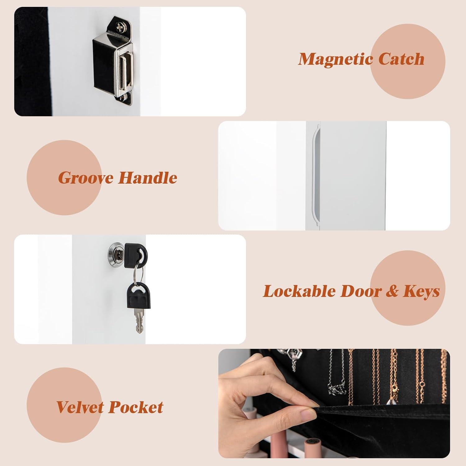 image:imageGiantex Wall or Door Mounted Jewelry Armoire with 475 Full Length Mirror Lockable Cabinet with 2 LED Lights 2 Drawers Over the Door Large Jewelry Storage Organizer Light OakWhite
