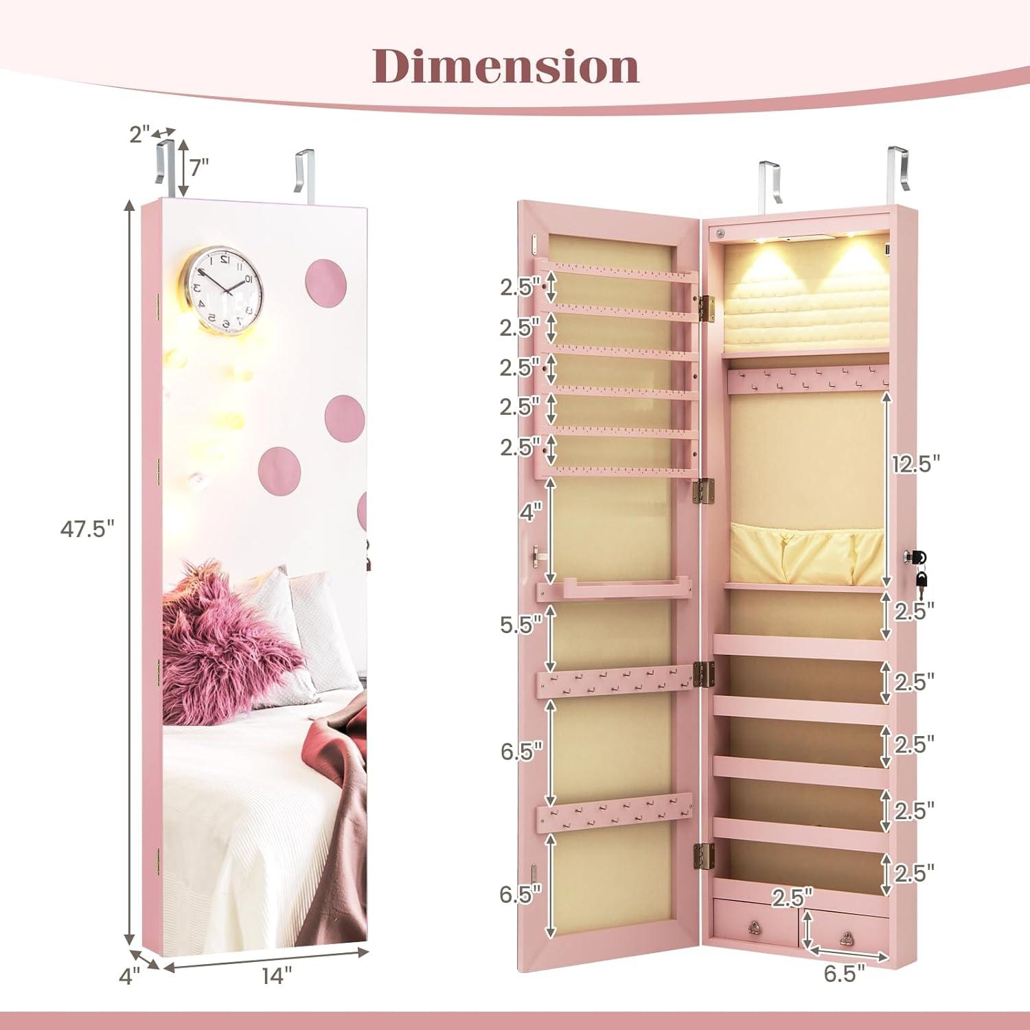 image:imageGiantex Wall or Door Mounted Jewelry Armoire with 475 Full Length Mirror Lockable Cabinet with 2 LED Lights 2 Drawers Over the Door Large Jewelry Storage Organizer Light OakLight Pink