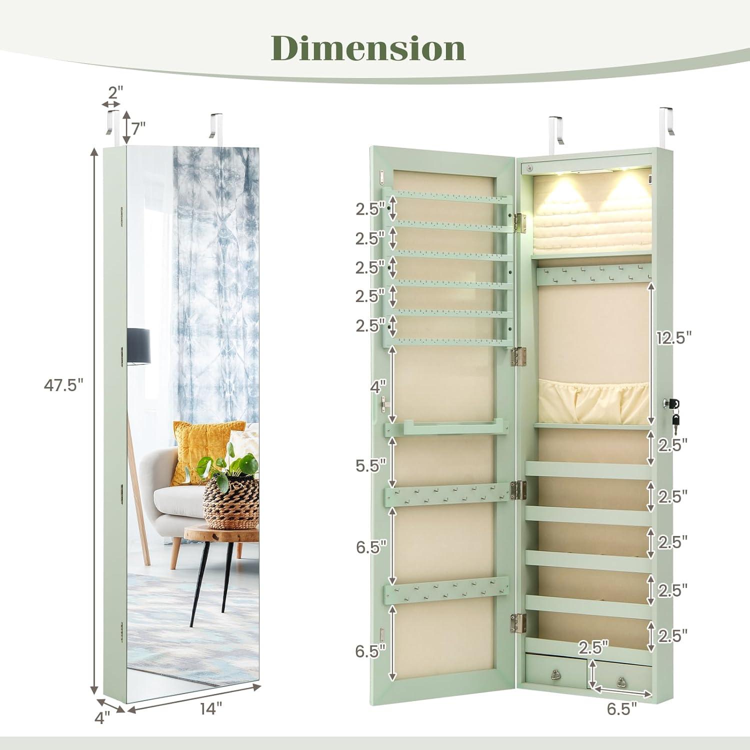 image:imageGiantex Wall or Door Mounted Jewelry Armoire with 475 Full Length Mirror Lockable Cabinet with 2 LED Lights 2 Drawers Over the Door Large Jewelry Storage Organizer Light OakSage