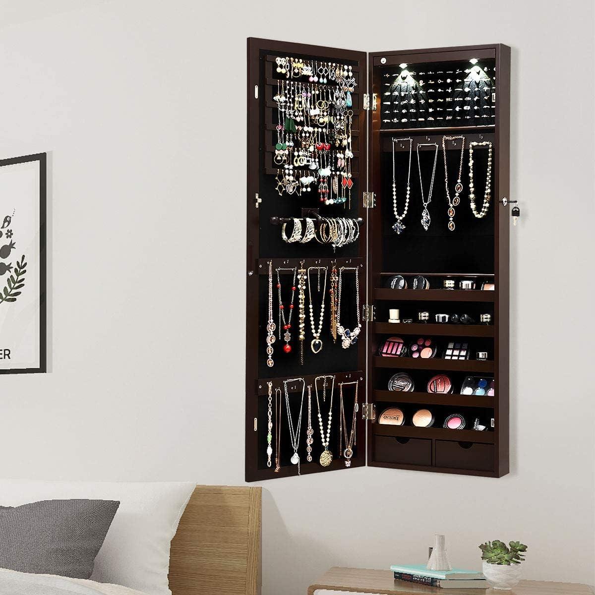 image:imageGiantex Wall or Door Mounted Jewelry Armoire with 475 Full Length Mirror Lockable Cabinet with 2 LED Lights 2 Drawers Over the Door Large Jewelry Storage Organizer Light OakEspresso