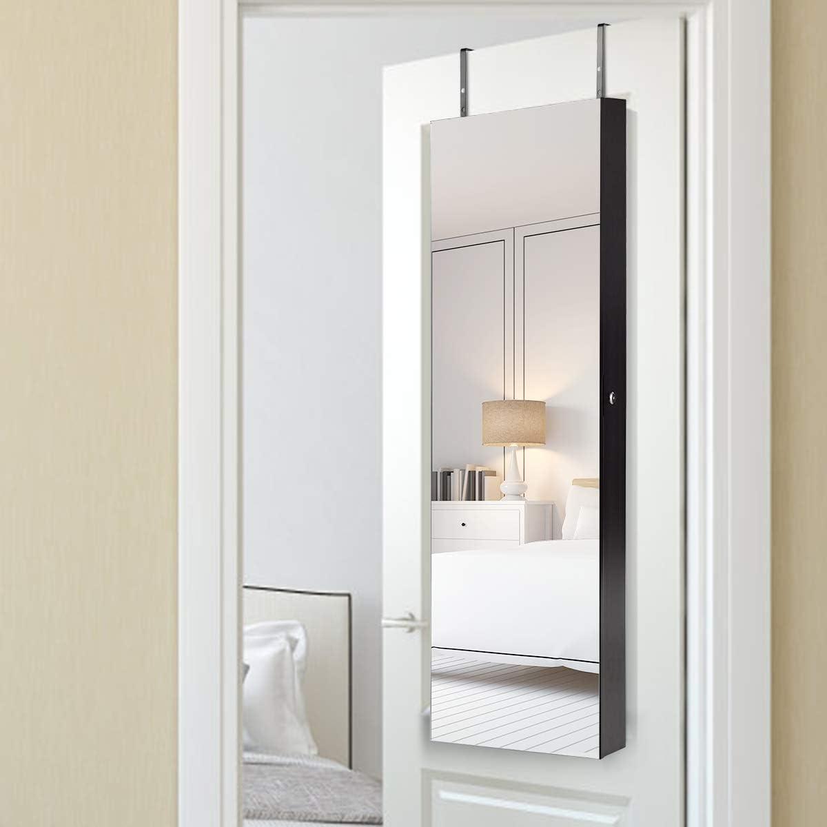 image:imageGiantex Wall or Door Mounted Jewelry Armoire with 475 Full Length Mirror Lockable Cabinet with 2 LED Lights 2 Drawers Over the Door Large Jewelry Storage Organizer Light OakEspresso
