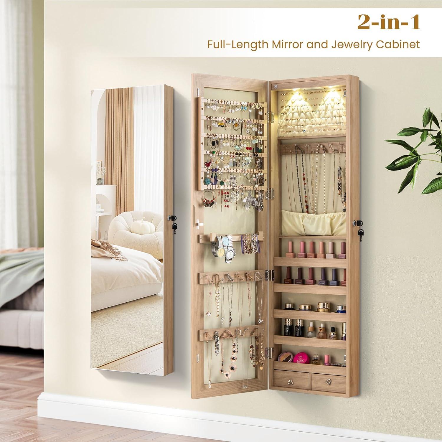 image:imageGiantex Wall or Door Mounted Jewelry Armoire with 475 Full Length Mirror Lockable Cabinet with 2 LED Lights 2 Drawers Over the Door Large Jewelry Storage Organizer Light OakLight Oak