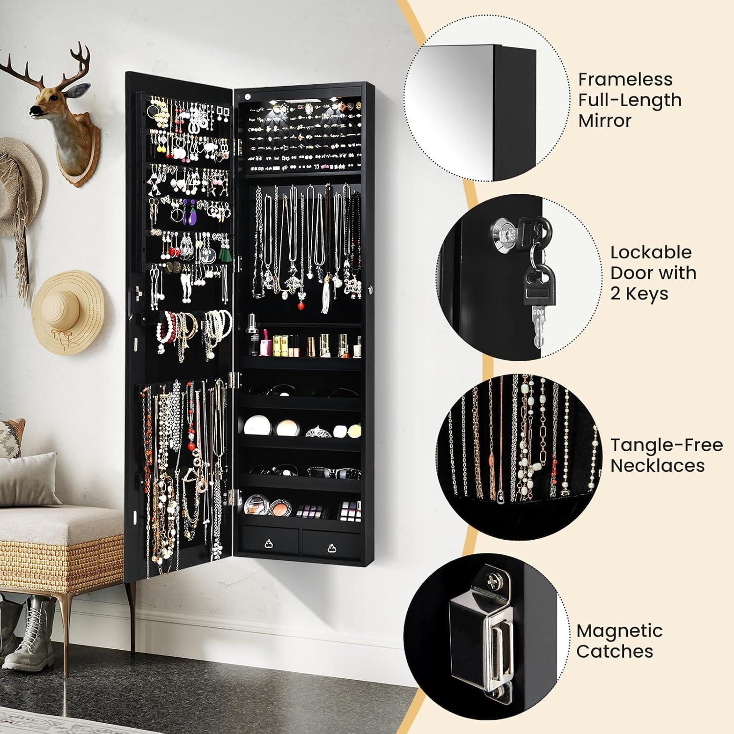 image:imageGiantex Wall or Door Mounted Jewelry Armoire with 475 Full Length Mirror Lockable Cabinet with 2 LED Lights 2 Drawers Over the Door Large Jewelry Storage Organizer Light OakBlack