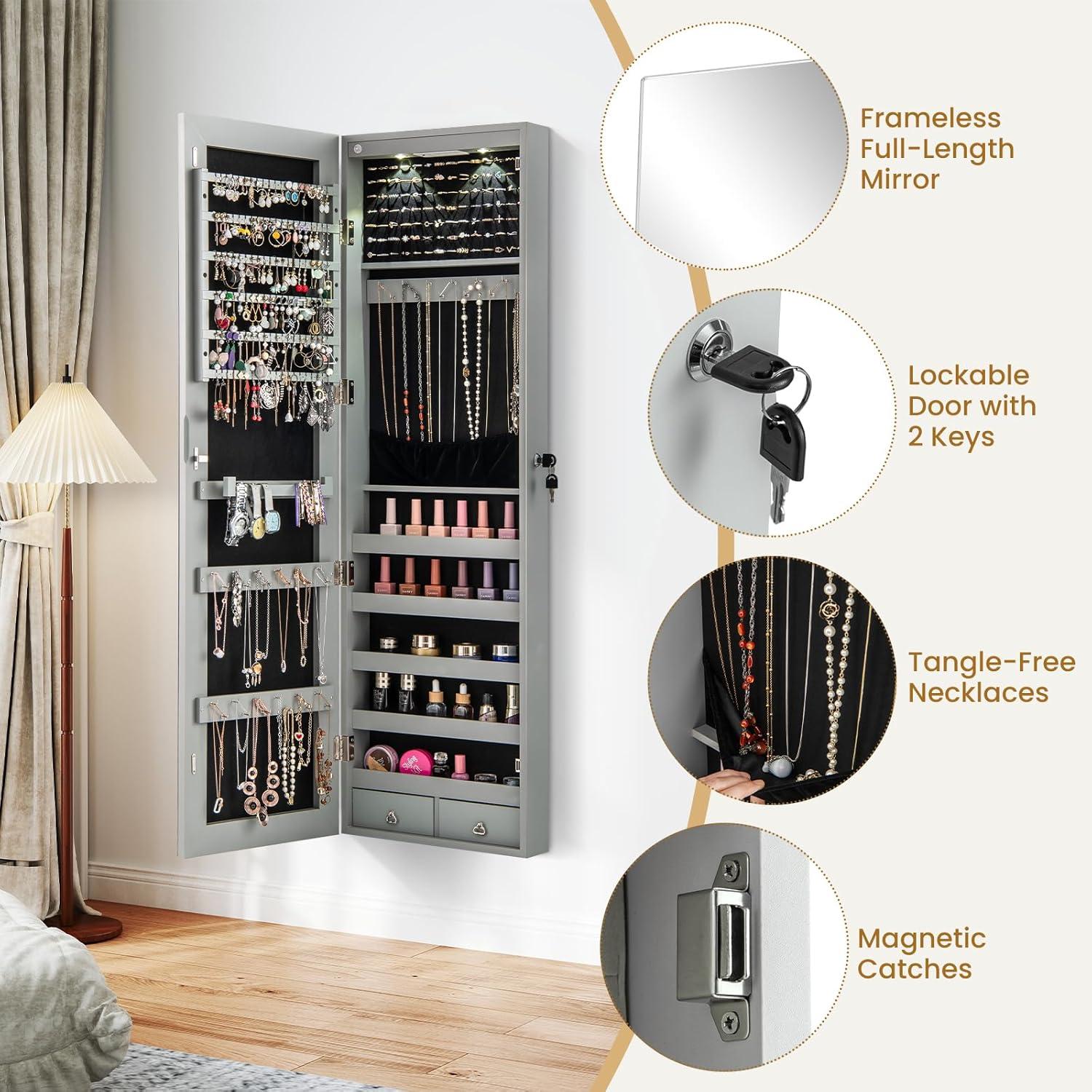 image:imageGiantex Wall or Door Mounted Jewelry Armoire with 475 Full Length Mirror Lockable Cabinet with 2 LED Lights 2 Drawers Over the Door Large Jewelry Storage Organizer Light OakGray