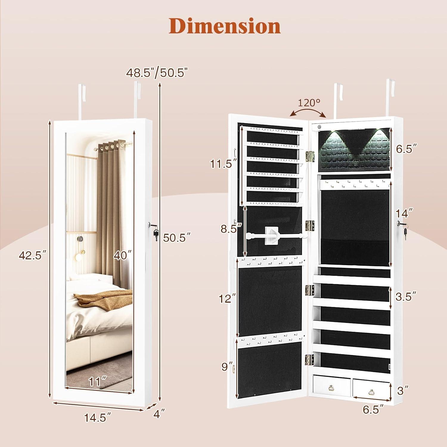 image:imageGiantex Wall or Door Mounted Jewelry Armoire with 475 Full Length Mirror Lockable Cabinet with 2 LED Lights 2 Drawers Over the Door Large Jewelry Storage Organizer Light OakWhite