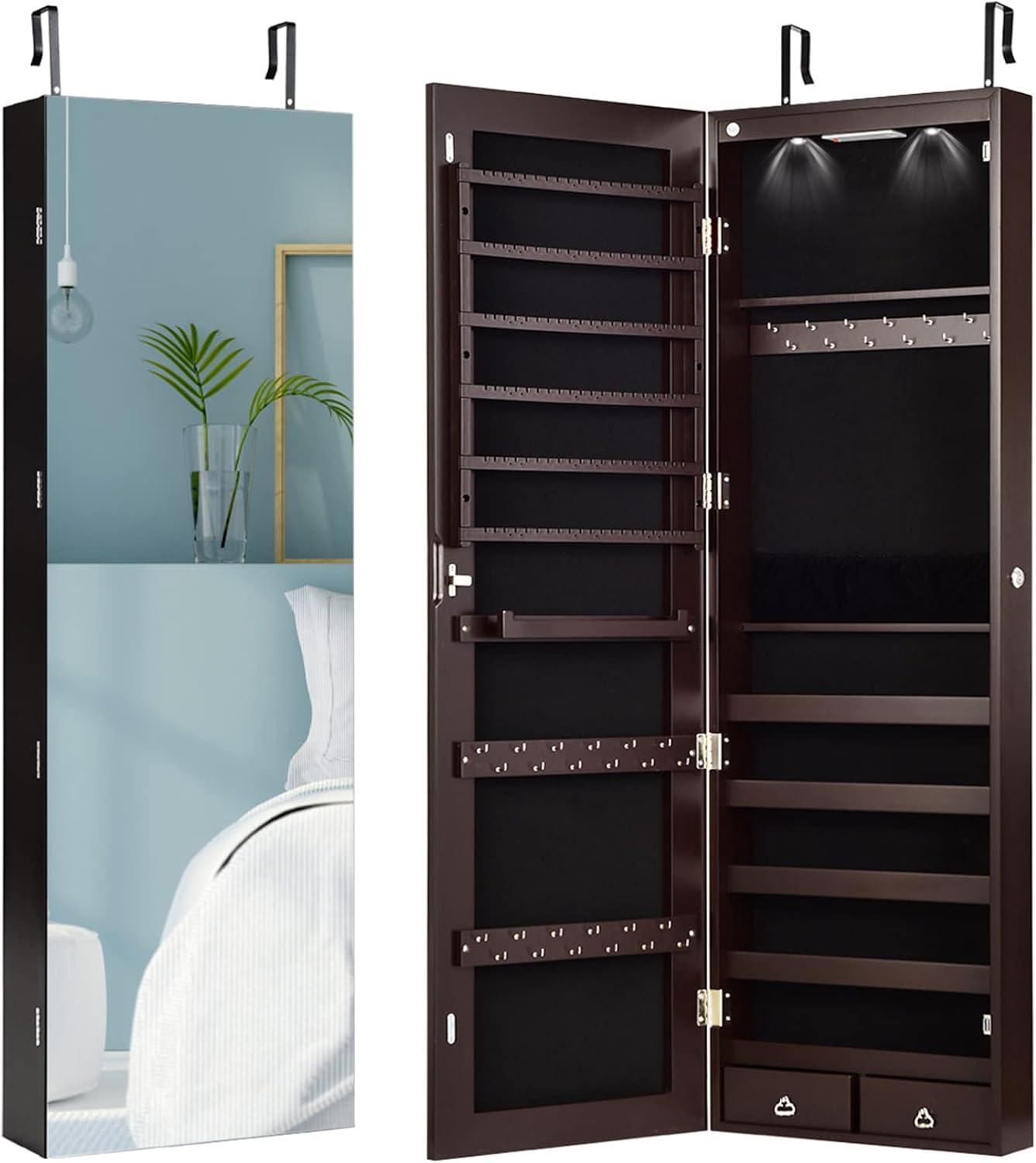 image:imageGiantex Wall or Door Mounted Jewelry Armoire with 475 Full Length Mirror Lockable Cabinet with 2 LED Lights 2 Drawers Over the Door Large Jewelry Storage Organizer Light OakEspresso